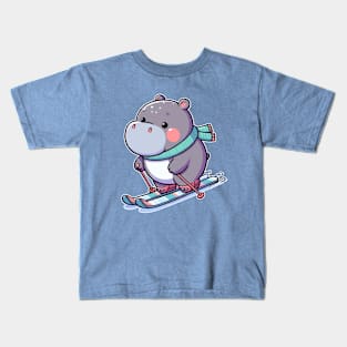 cute hippo skiing Kids T-Shirt